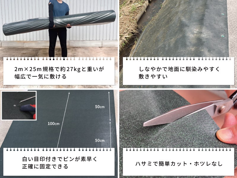 2m×25m規格で27㎏。しなやかで地面に馴染み敷きやすい。白色の印付きで、ピン打設の目安となって作業時間の短縮に！ハサミで簡単にカットできホツレもなし！