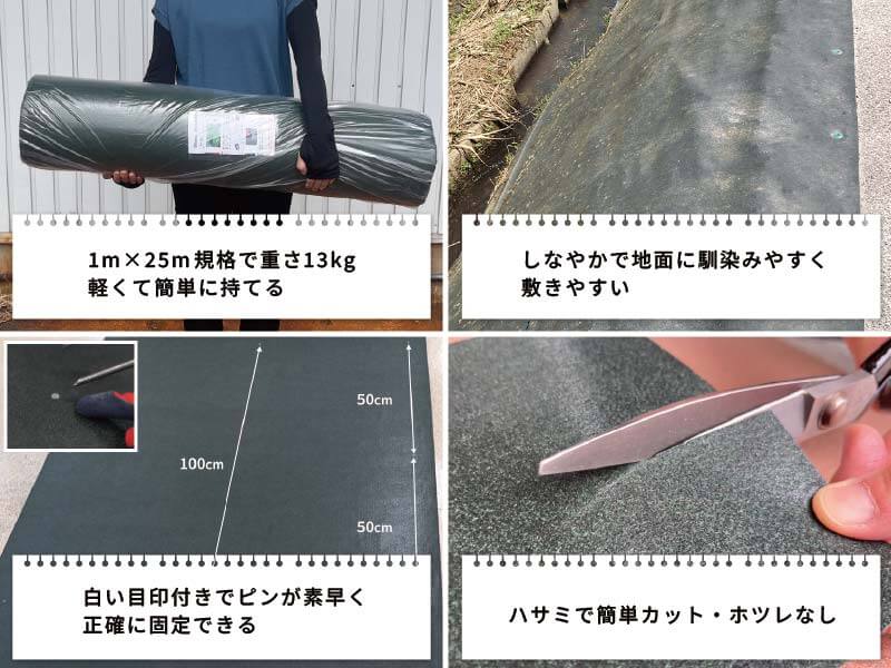 1m×12.5m規格で6.5㎏。しなやかで地面に馴染み敷きやすい。白色の印付きで、ピン打設の目安となって作業時間の短縮に！ハサミで簡単にカットできホツレもなし！
